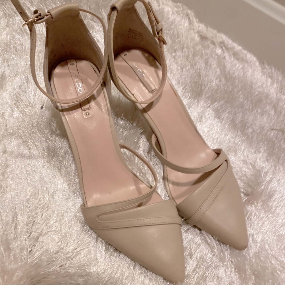 Aldo Nude Pointed Toe Ankle Strap Heels